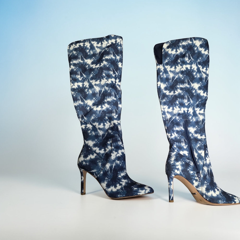 Gianni Bini Navy and White Tie-Dye Over-the-Knee Stiletto Boots